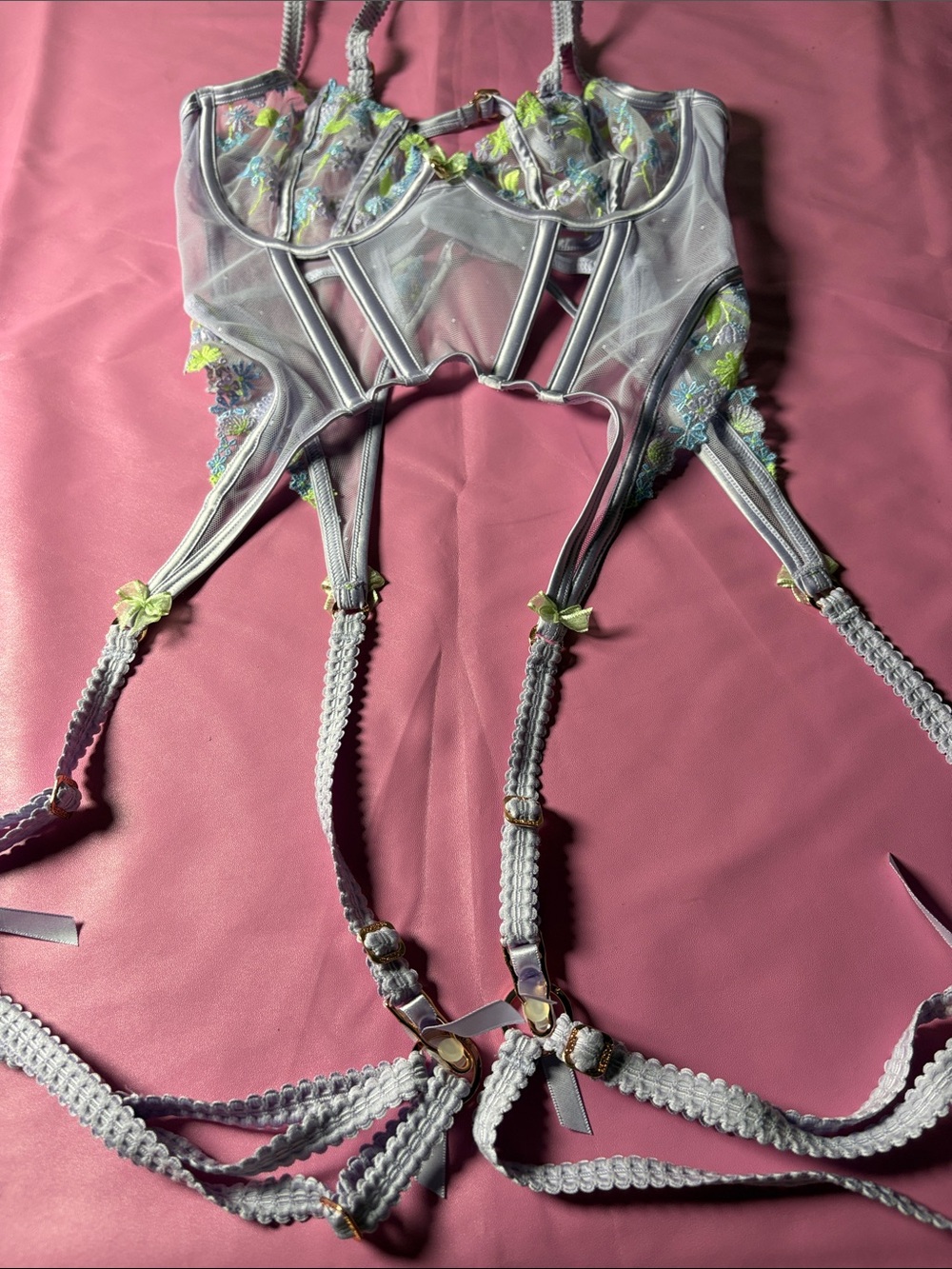 Sheer Pale Gray Embroidered Gartered Bustier with Lime Accents